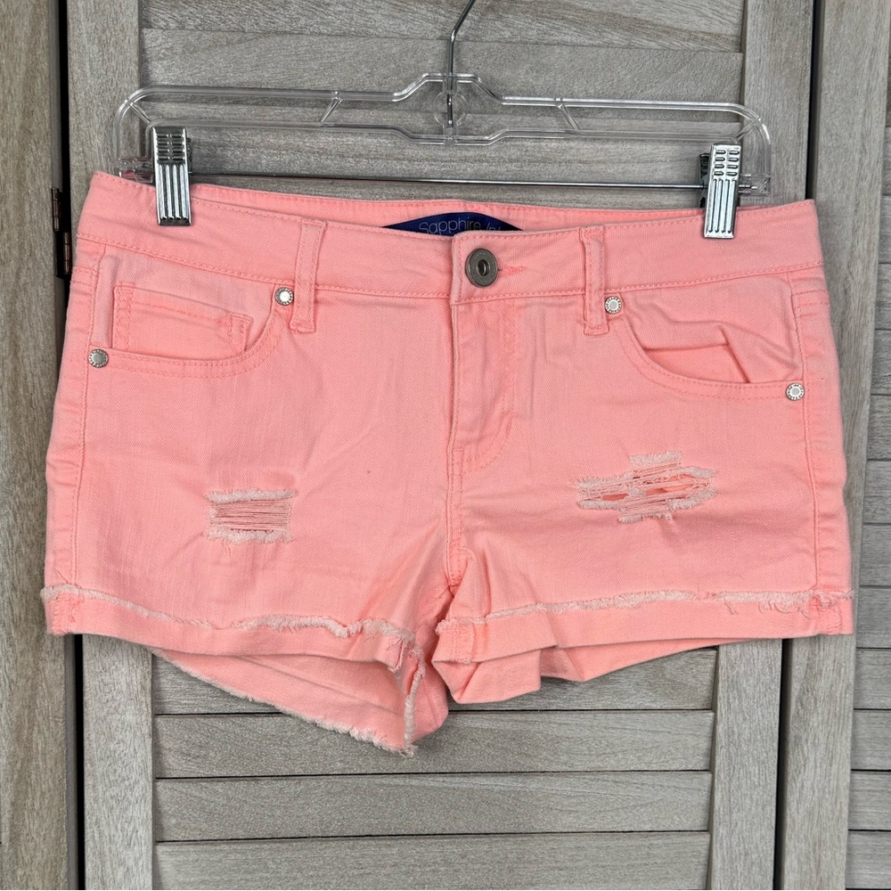 SAPPHIRE INK Distressed Stretchy Jean Shorts with Folded Hem Washed Coral-7